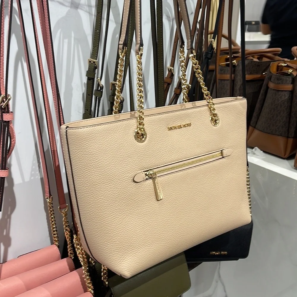 MICHAEL KORS Jet Set Medium Front Zip Pebbled Leather Chain Tote Bag Buff NWT